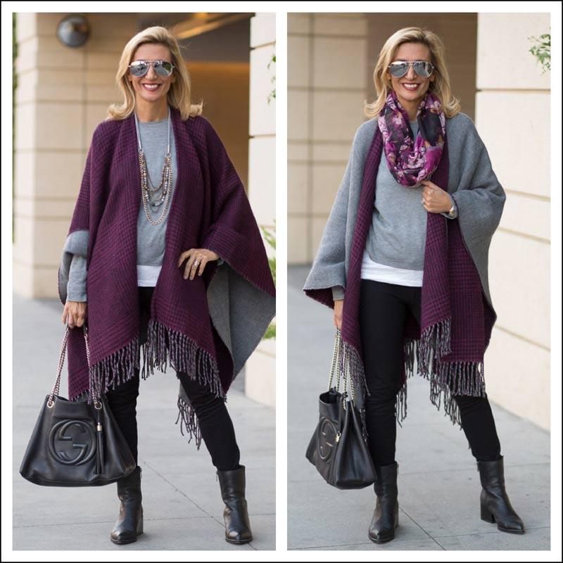 Our Purple Black Houndstooth And Solid Gray Reversible Poncho - Just Style LA