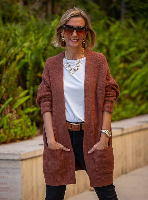 Cinnamon Long Textured Cardigan With Pockets Just Style LA