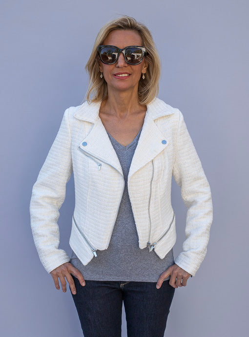 cropped ivory boucle moto jacket with zippers for women