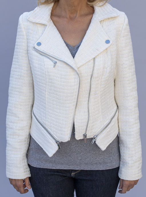 cropped ivory boucle moto jacket with zippers for women