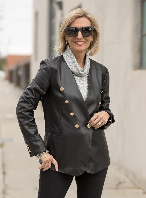 Black Faux Leather Double Breasted Jacket - Just Style LA