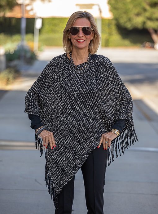 Black Gold Shimmer Open Weave Poncho With Fringe - Just Style LA