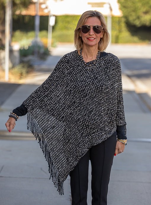 Black Gold Shimmer Open Weave Poncho With Fringe - Just Style LA