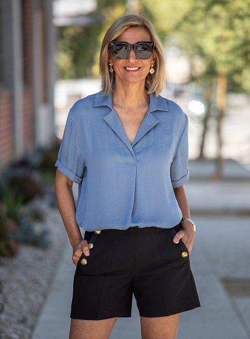 Blue Notch Collar Short Sleeve Blouse - Just Style LA