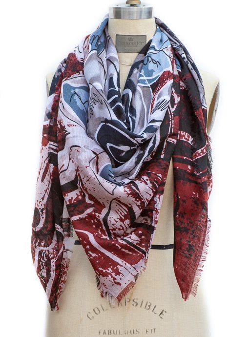 Burgundy Blue Multi Color Abstract Print Square Scarf Shawl - Just Style LA