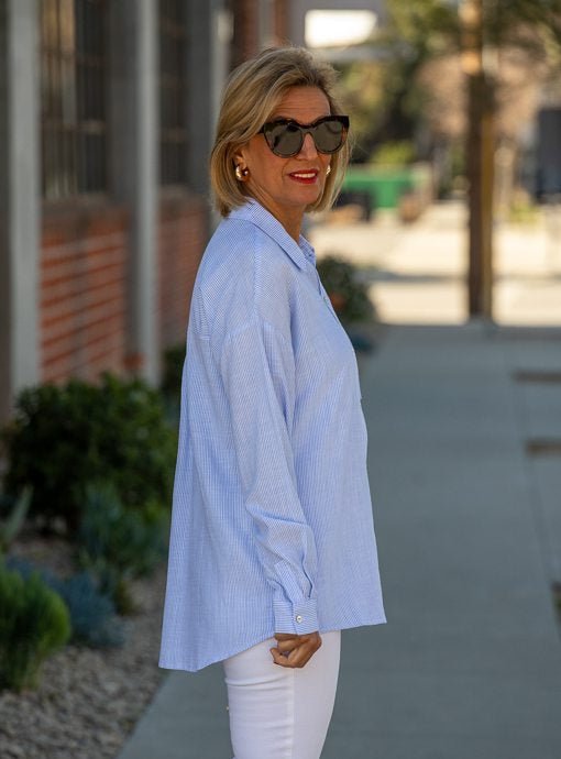 Chambray Blue And White Pinstripe Shirt - Just Style LA