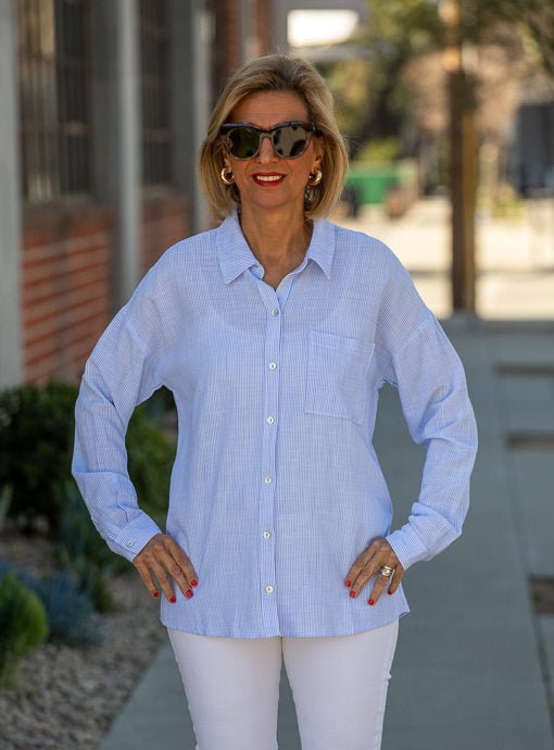 Chambray Blue And White Pinstripe Shirt - Just Style LA
