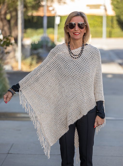 Cream Gold Shimmer Open Weave Poncho With Fringe - Just Style LA