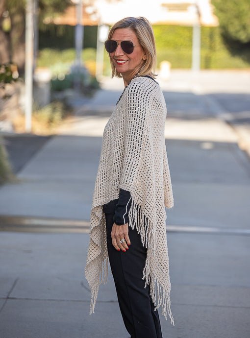 Cream Gold Shimmer Open Weave Poncho With Fringe - Just Style LA