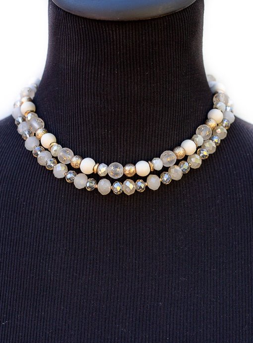 Double Layer Ivory Gold Novelty Bead Necklace - Just Style LA
