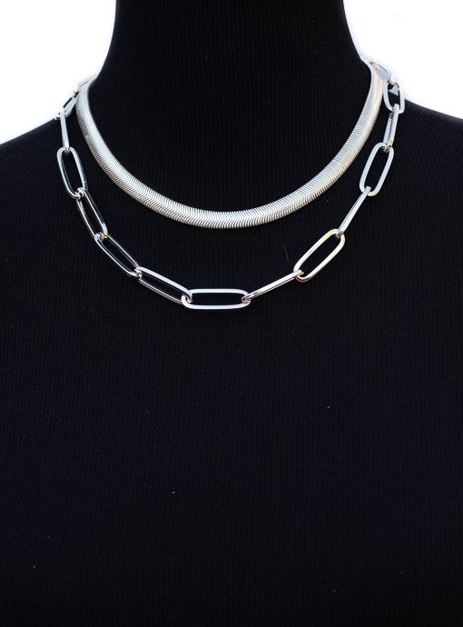 Double Layer Silver Chain Link Necklace Set - Just Style LA