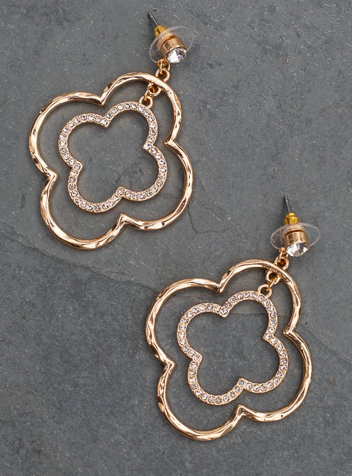 Gold And Rhinestone Double Clover Drop Earrings - Just Style LA