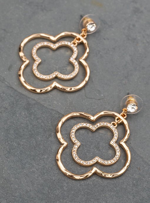 Gold And Rhinestone Double Clover Drop Earrings - Just Style LA