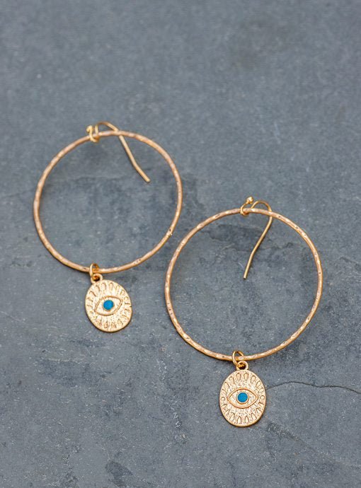 Gold Metal Ring Earrings With Evil Eye Charm - Just Style LA
