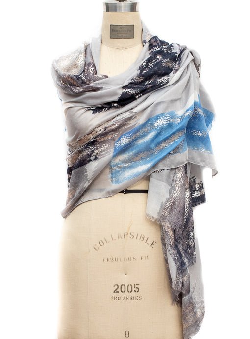 Gray Black Blue Silver Abstract Print Scarf Shawl - Just Style LA