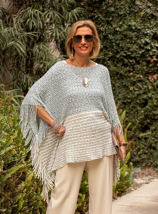 Ivory Blue Lightweight Chenille Poncho With Fringe - Just Style LA