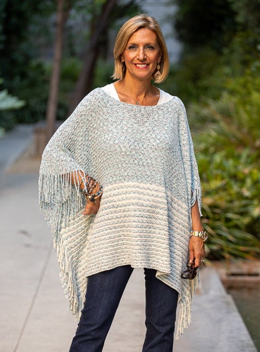 Ivory Blue Lightweight Chenille Poncho With Fringe - Just Style LA