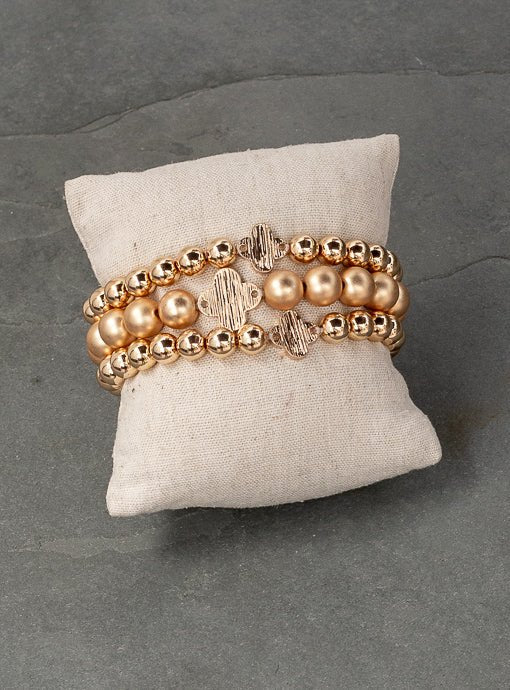Matte And Shiny Gold Three Piece Bracelet Set With Clover - Just Style LA