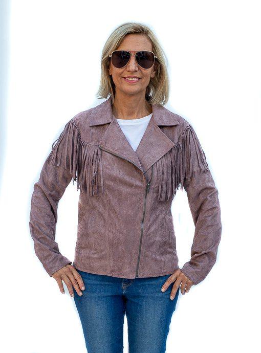 Mauve Sueded Fabric Moto Jacket With Fringe - Just Style LA