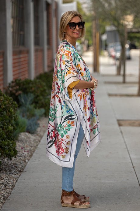 Multi Color Botanical Floral Print Silky Kimono - Just Style LA