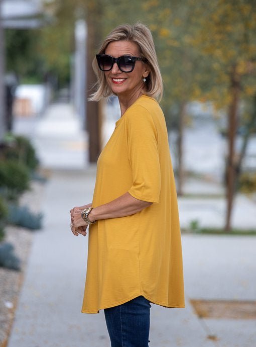 Mustard Round Neck Elbow Length Sleeve Top - Just Style LA