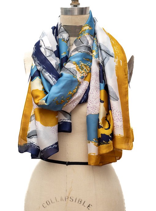 Navy Blue Gold Abstract Floral Silky Scarf Shawl - Just Style LA