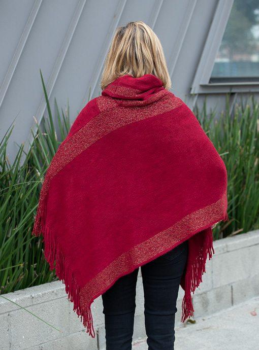 Pomegranate Cowl Neck Poncho With Shimmer Detail - Just Style LA