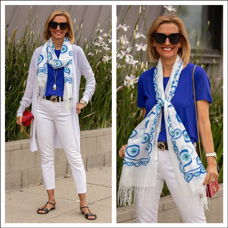 A Blue And White Outfit With A Pop Of Red For Color - Just Style LA