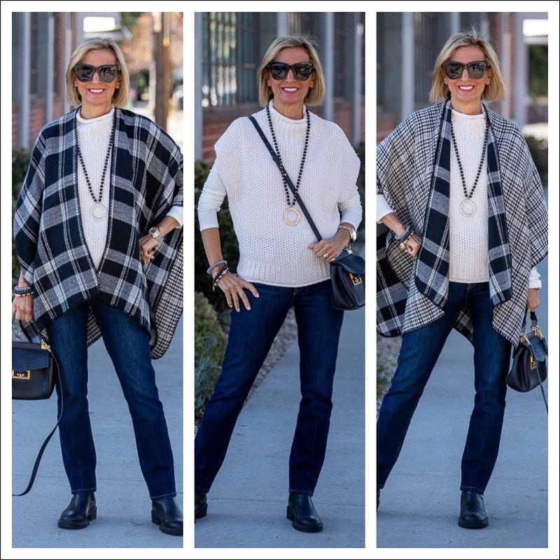 A Casual Yet Chic Look With Our Plaid Houndstooth Reversible Poncho - Just Style LA