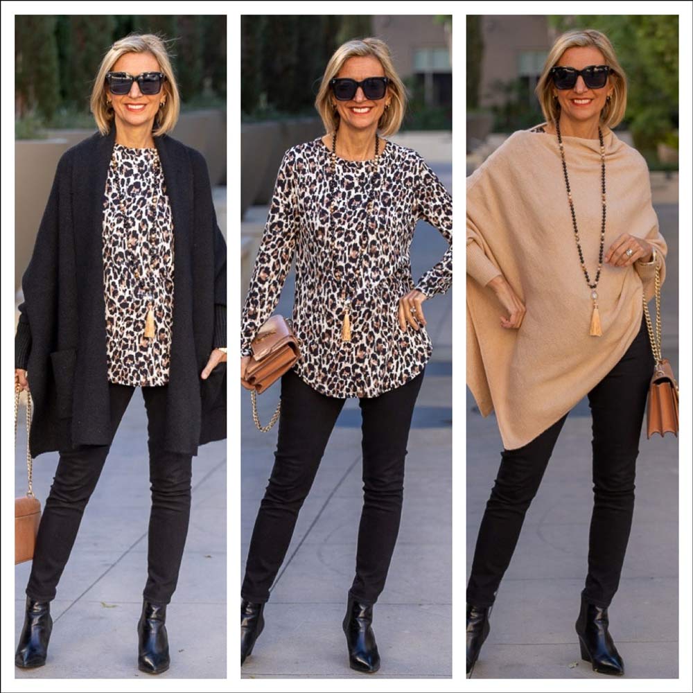 Black Shrug Cardigan And Tan Poncho Mixed With Leopard Top - Just Style LA