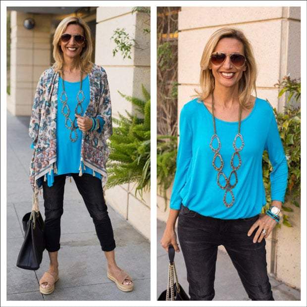 Casual Chic In Our Botanical Print Poncho And Turquoise Top - Just Style LA