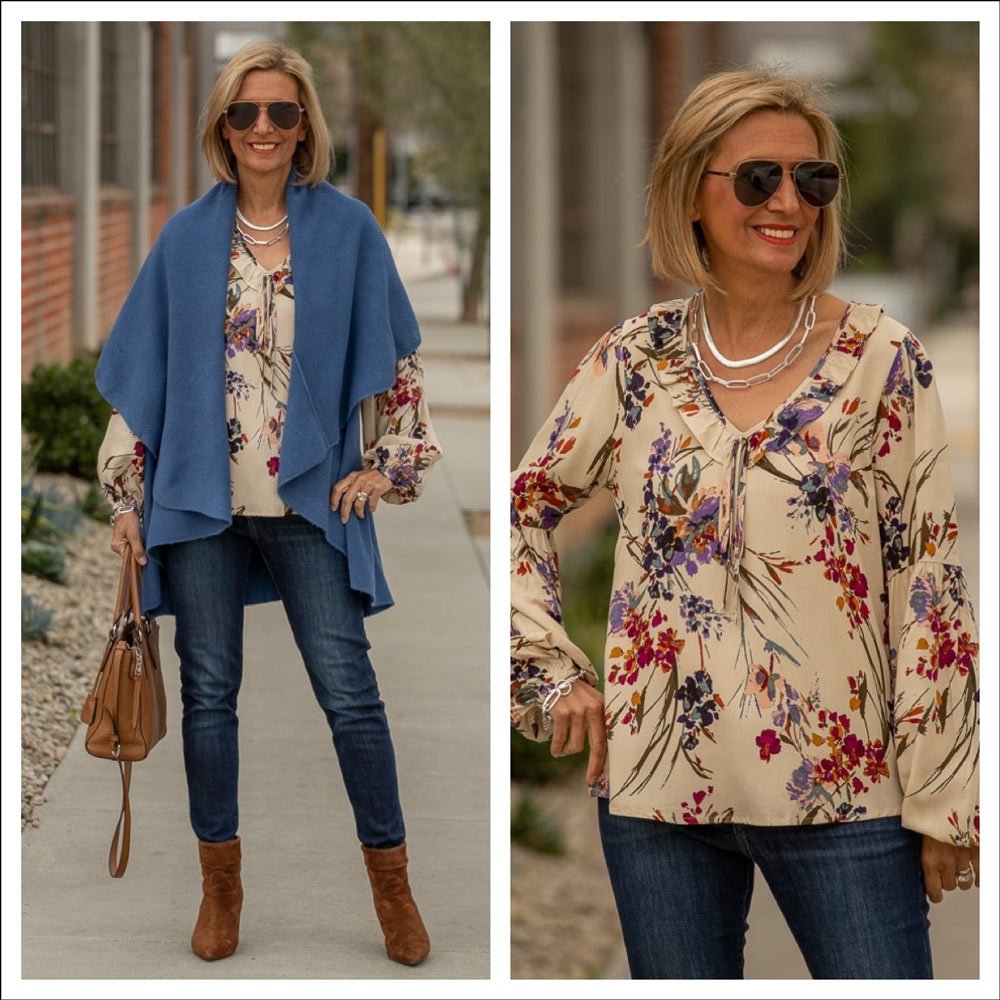 Denim Blue Cape Vest And A Pretty Floral Print Blouse - Just Style LA