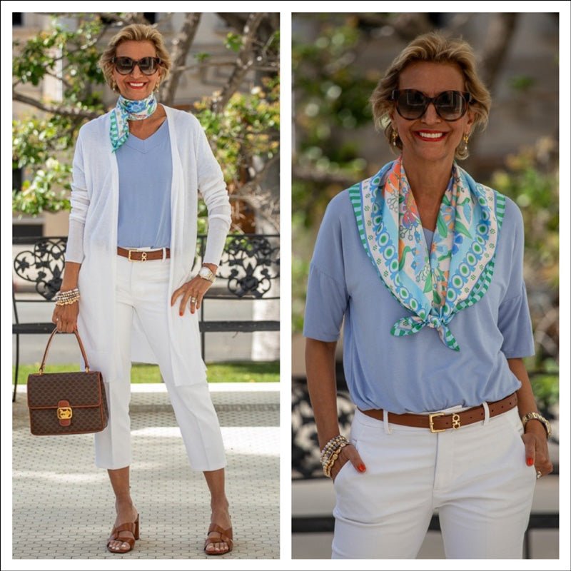 Fresh Spring Layers With a White Cardigan and Statement Scarf – Just ...