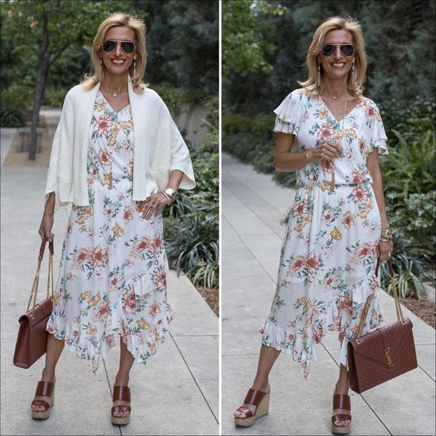 Ivory Floral Print Dress Styled With An Ivory Shrug - Just Style LA