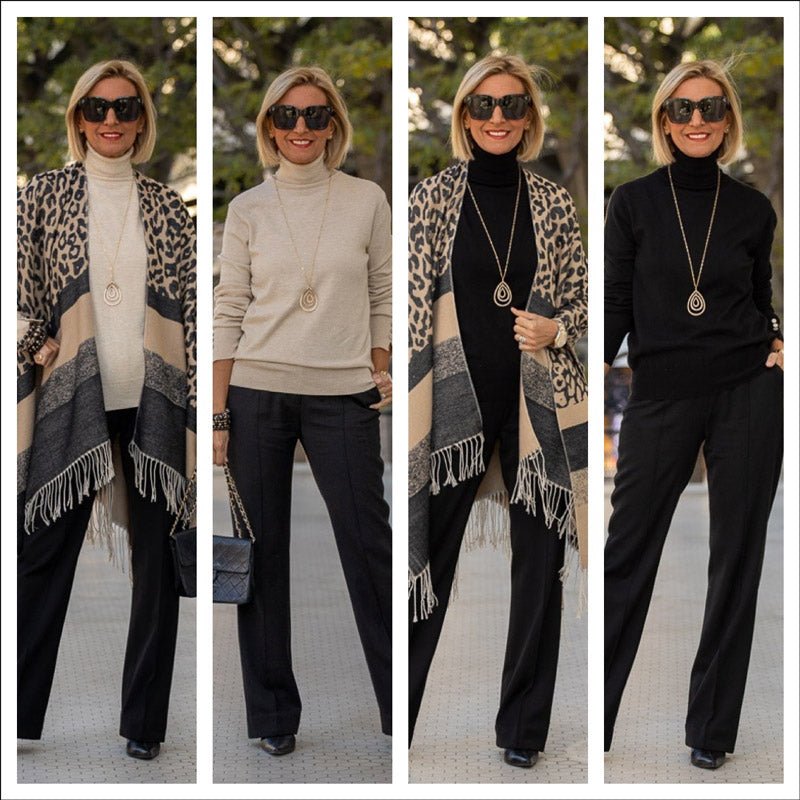 Leopard Poncho With Two Turtleneck Tops - Just Style LA