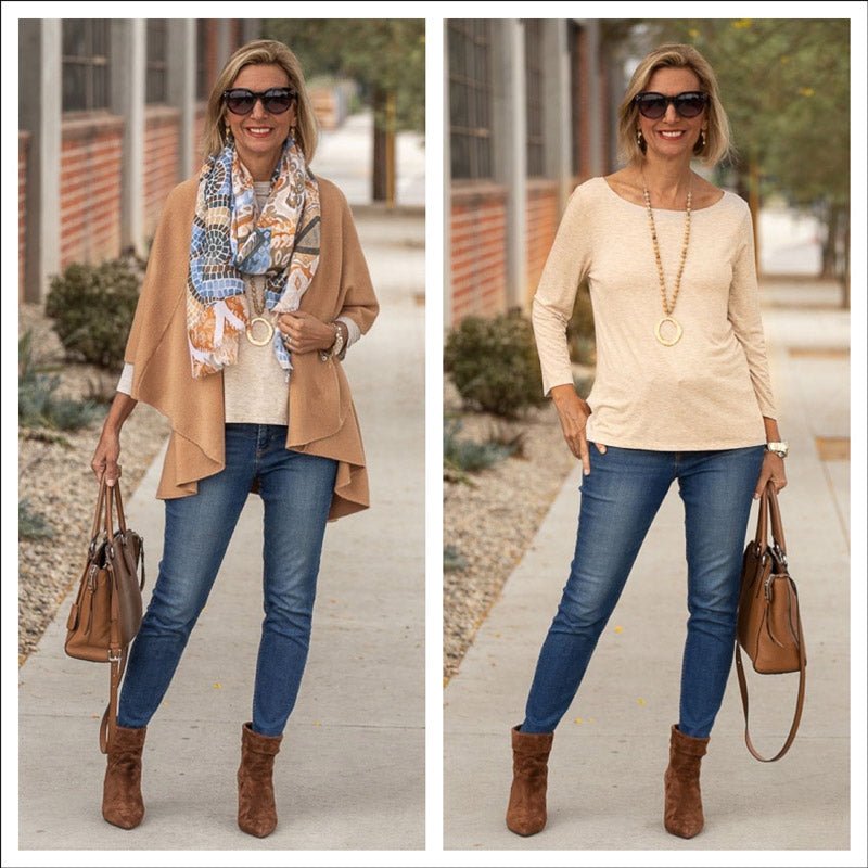 Our Camel Cape Vest Styled With A Fun Scarf – Just Style LA