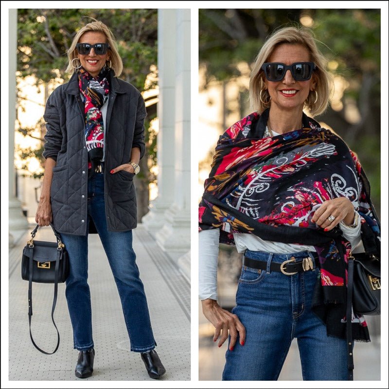 Our Cozy Charcoal Quilted Jacket Styled With A Colorful Scarf - Just Style LA