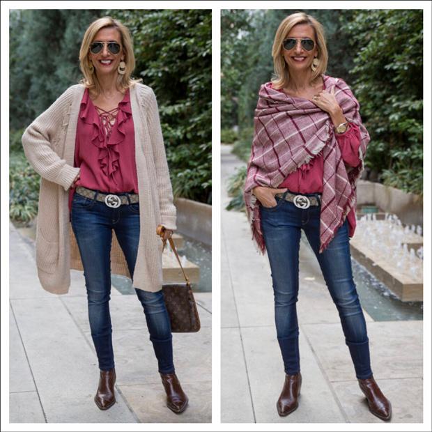 Our Cozy Ecru Cardigan And Maroon Ruffle Blouse - Just Style LA