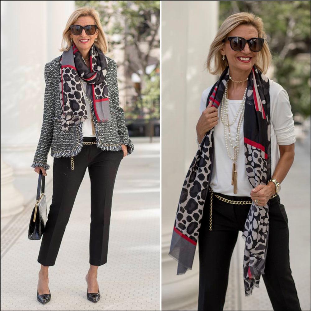 Blazer and Leopard Scarf - Pretty In Her Pearls  Leopard print scarf  outfit, Printed scarves outfit, Leopard print scarf