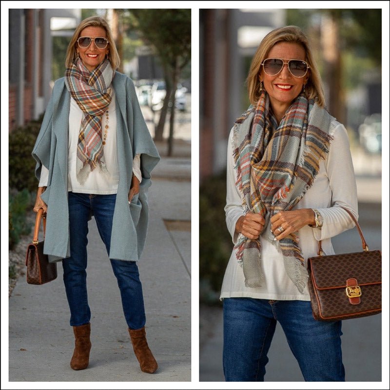 Our New Steel Blue Hooded Cape Cardigan Mixed With Plaid - Just Style LA