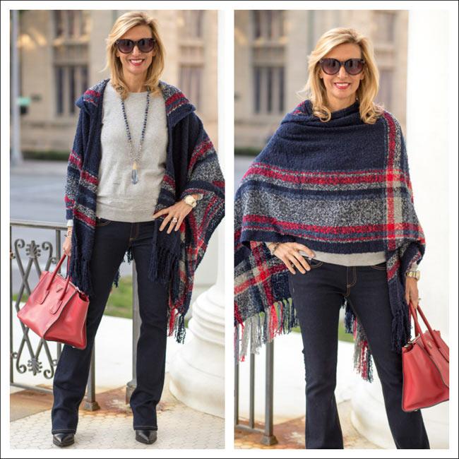 Our Red Gray And Blue Boucle Poncho - Just Style LA