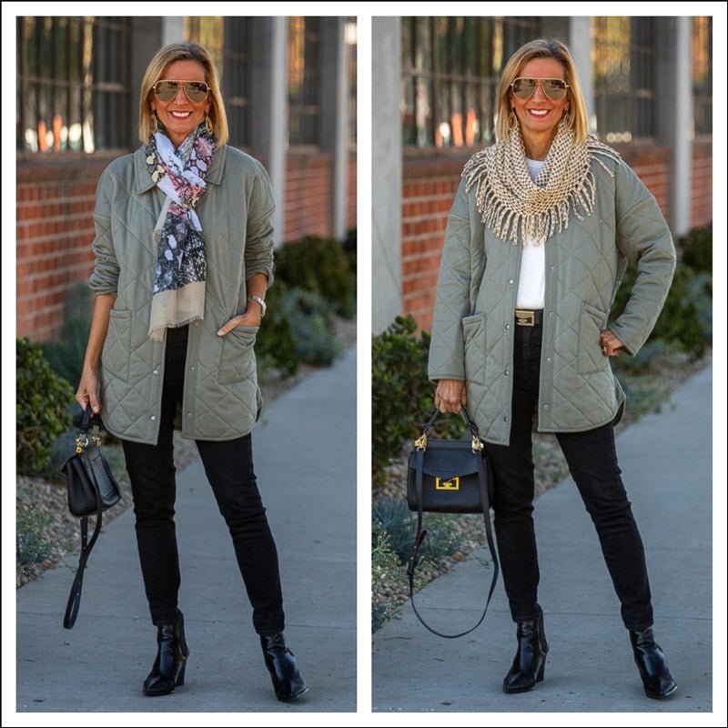 Our Sage Quilted Jacket Styled With Two Different Scarves - Just Style LA