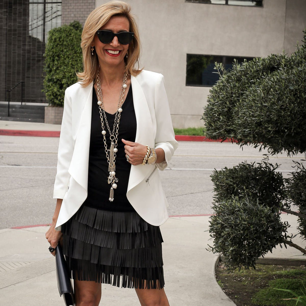 Our Stephanie Jacket Mixed With Leather Fringe And Pearls - Just Style LA