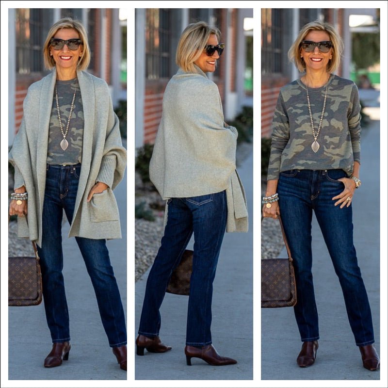 Sage Shrug Cardigan Styled With A Camouflage Top – Just Style LA