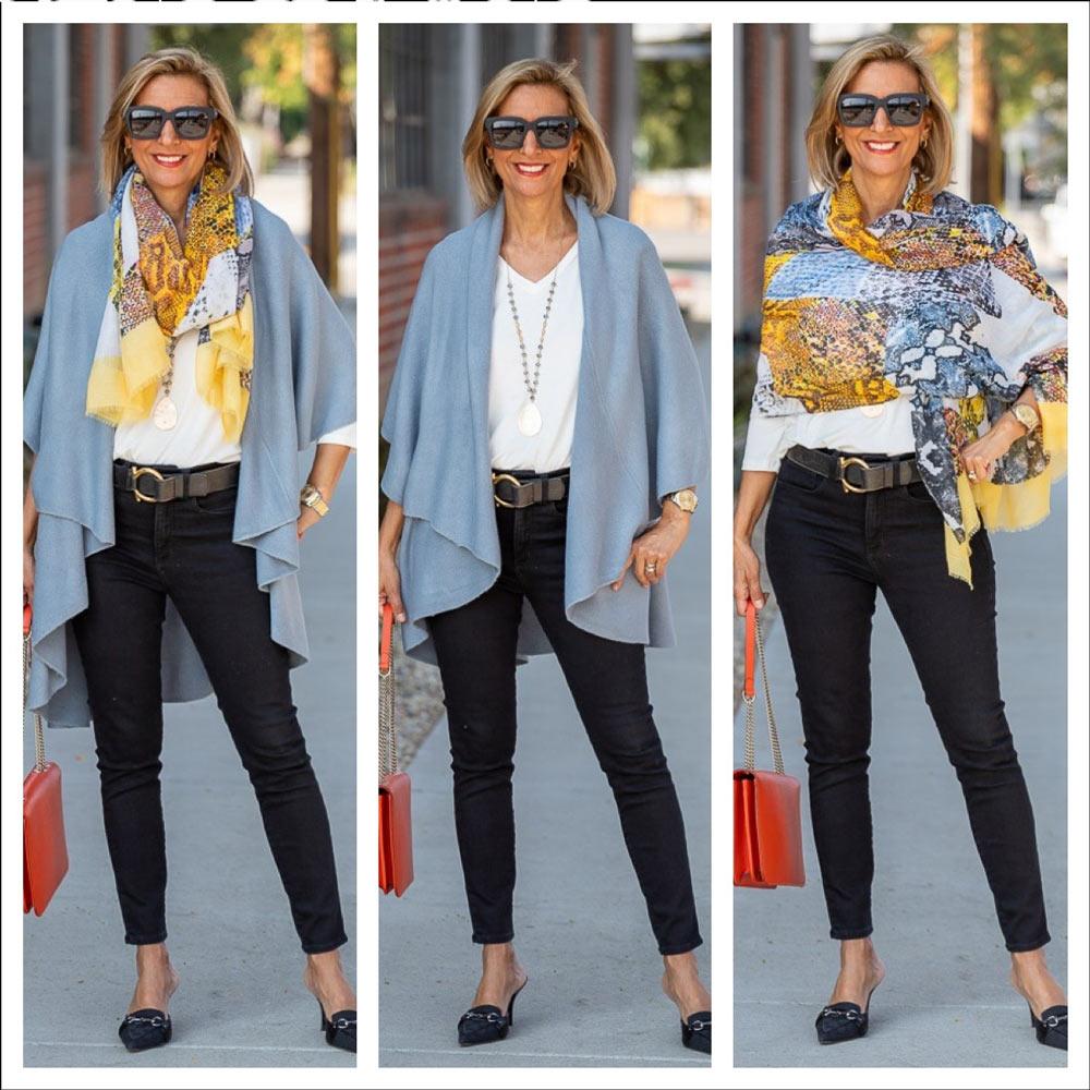 Steel Blue Cape Vest Styled With A Snakeskin Print Scarf - Just Style LA
