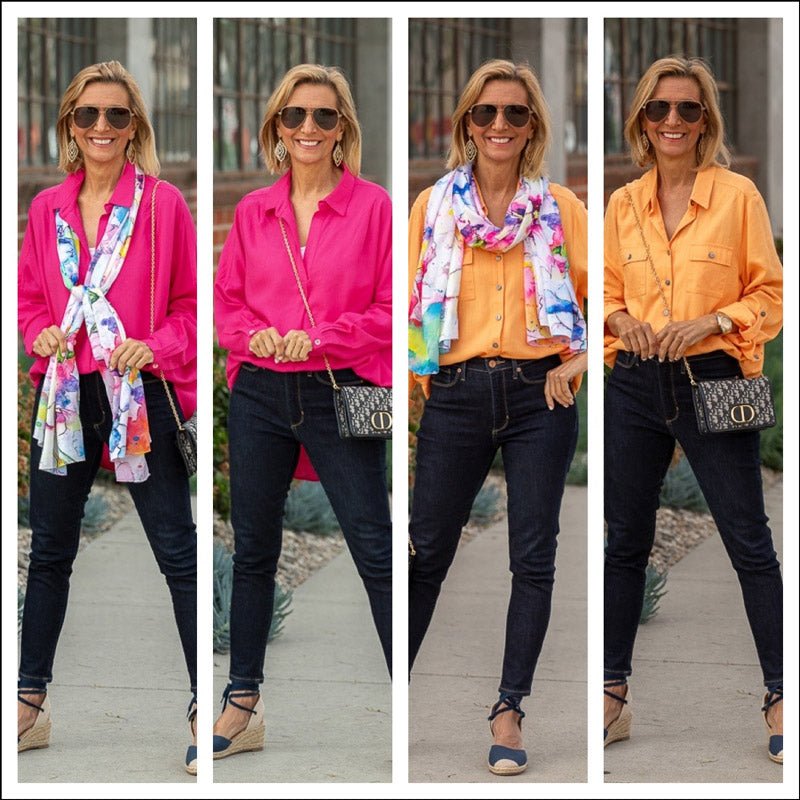 Two Colorful Shirts Styled With A Fun Scarf - Just Style LA