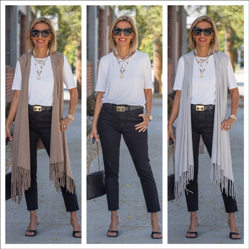 Two Hooded Knit Cardigan Vests With Fringe - Just Style LA