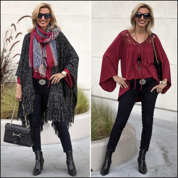 Wearing A Scarf With Our Black And White Boucle Poncho - Just Style LA