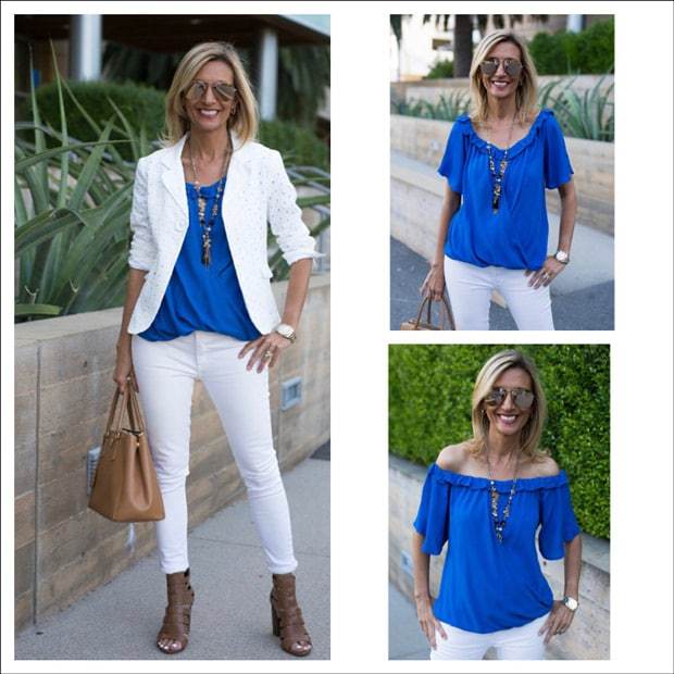 White Eyelet Jacket Styled With Royal Blue Off The Shoulder Top - Just Style LA