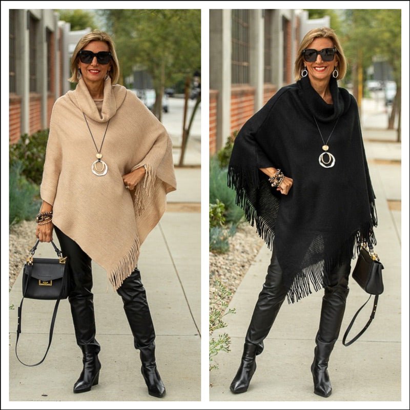 Womens Tan And Black Cowl Neck Ponchos With Fringe - Just Style LA